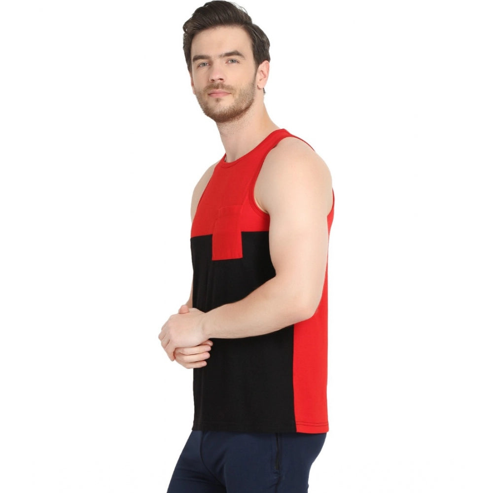 Generic Men's Casual Cotton Blended Colorblock Sleeveless Vest (Red-Black)