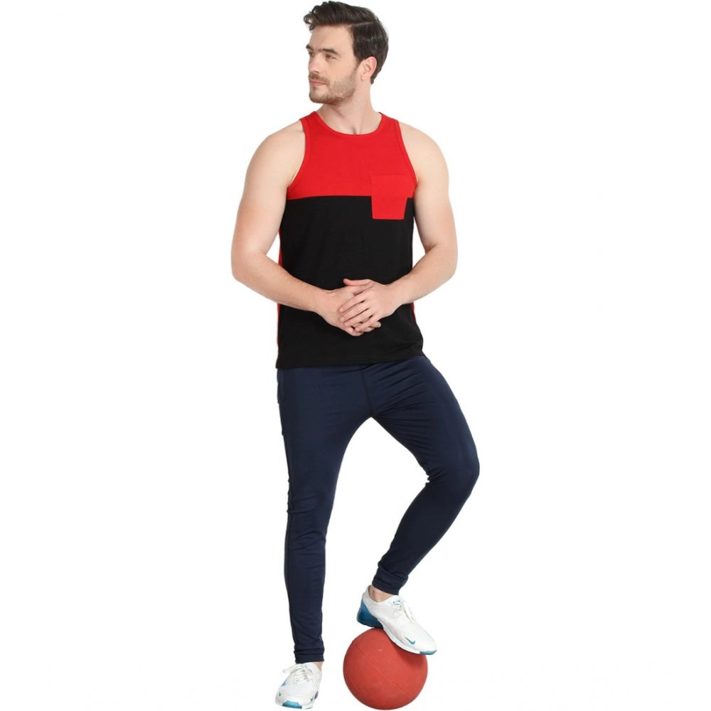 Generic Men's Casual Cotton Blended Colorblock Sleeveless Vest (Red-Black)