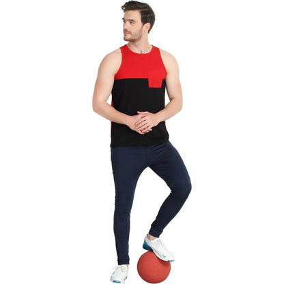 Generic Men's Casual Cotton Blended Colorblock Sleeveless Vest (Red-Black)