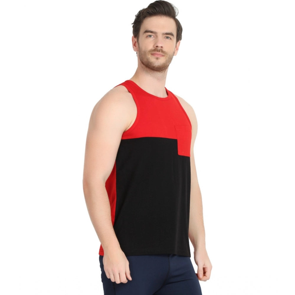 Generic Men's Casual Cotton Blended Colorblock Sleeveless Vest (Red-Black)