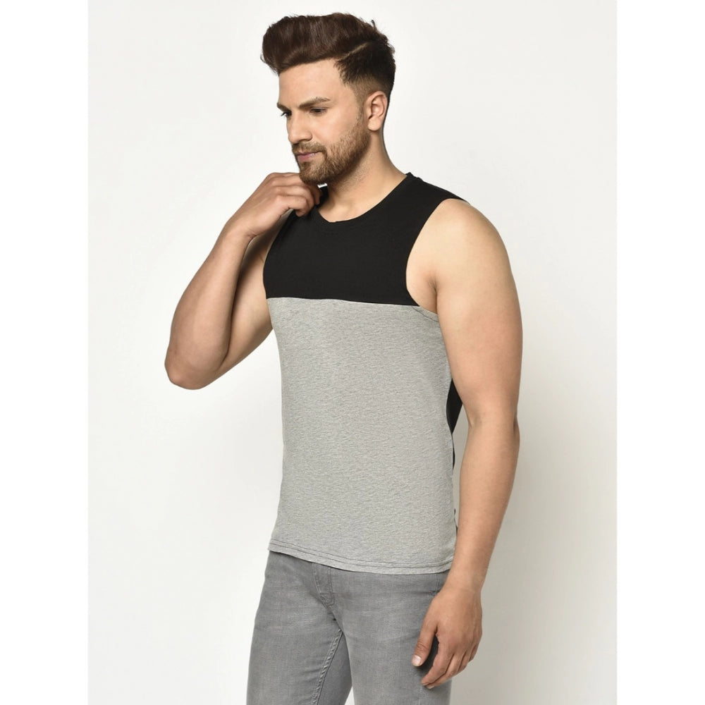 Generic Men's Casual Cotton Blended Colorblock Sleeveless Vest (Black-Grey)