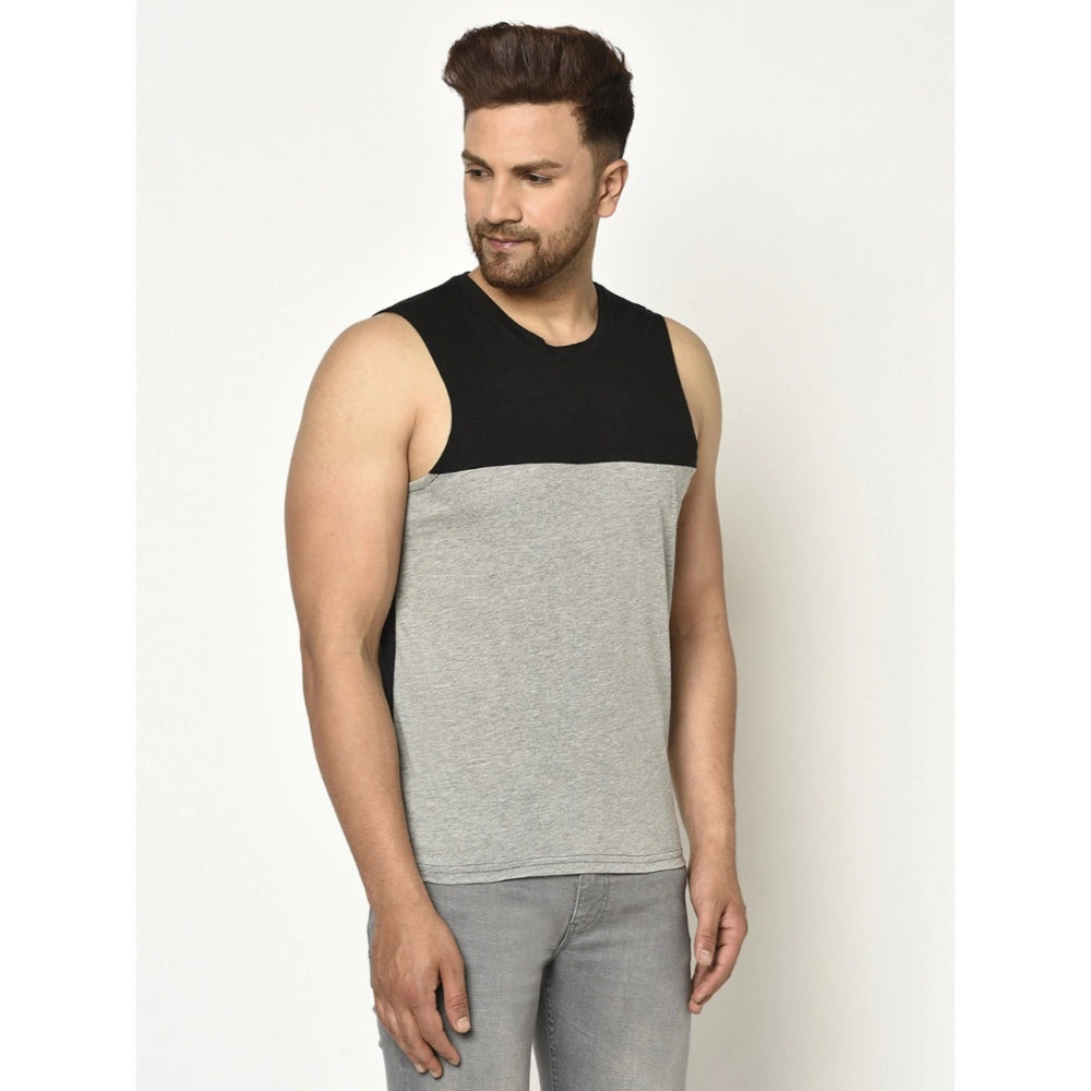 Generic Men's Casual Cotton Blended Colorblock Sleeveless Vest (Black-Grey)