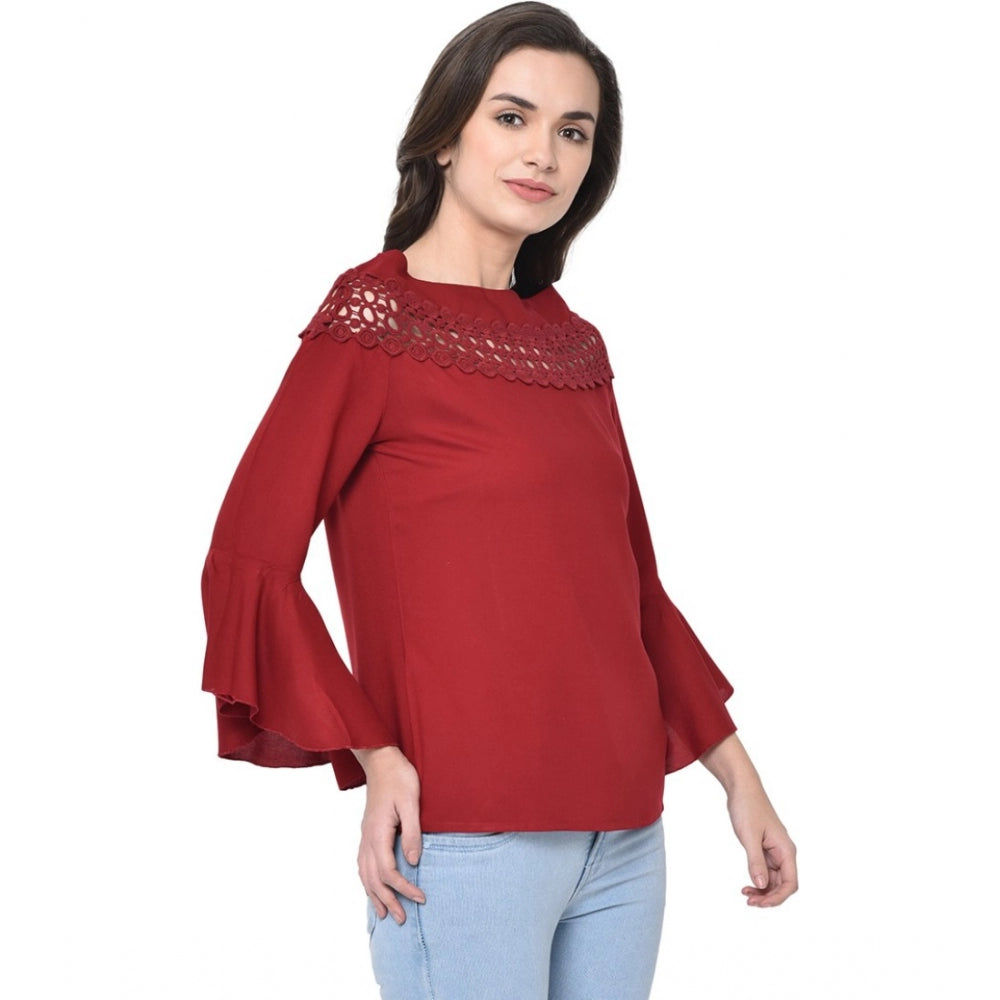 Generic Women's Cotton Blend Solid Regular Sleeves Round Neck Regular Top (Maroon)