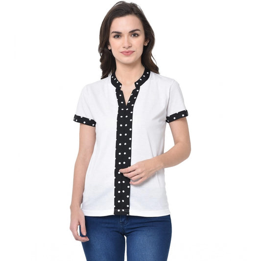 Generic Women's Cotton Blend Solid Regular Sleeves V-Neck Regular Top (White)