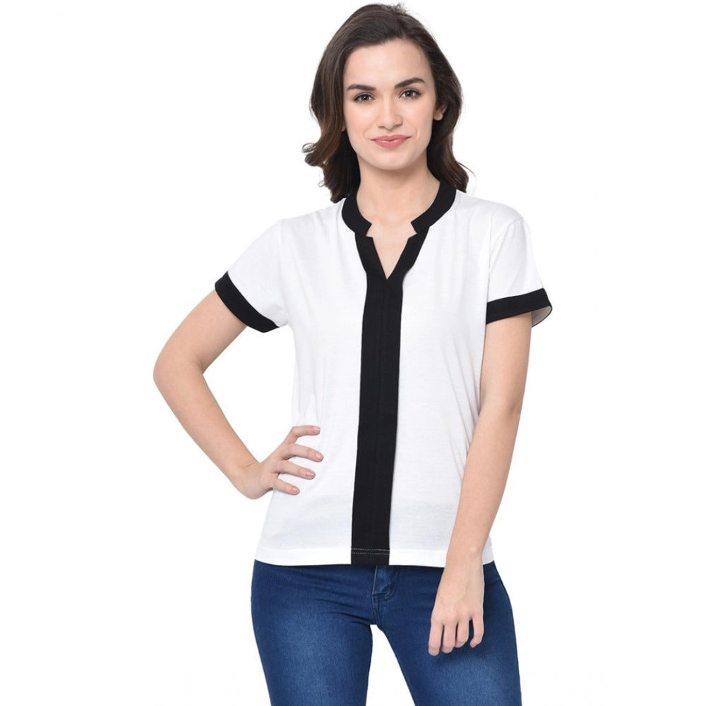 Generic Women's Cotton Blend Solid Regular Sleeves V-Neck Regular Top (White)