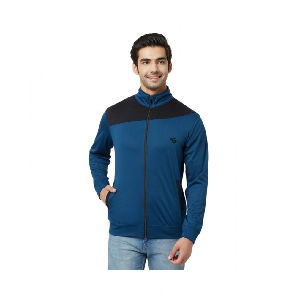 Generic Men's Colorblock Lycra Blend Full Sleeve Casual Jacket (Blue)