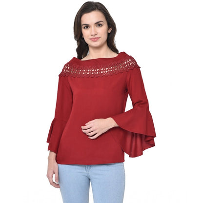 Generic Women's Cotton Blend Solid Regular Sleeves Round Neck Regular Top (Maroon)