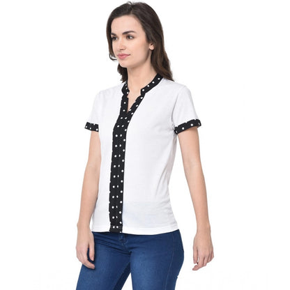 Generic Women's Cotton Blend Solid Regular Sleeves V-Neck Regular Top (White)