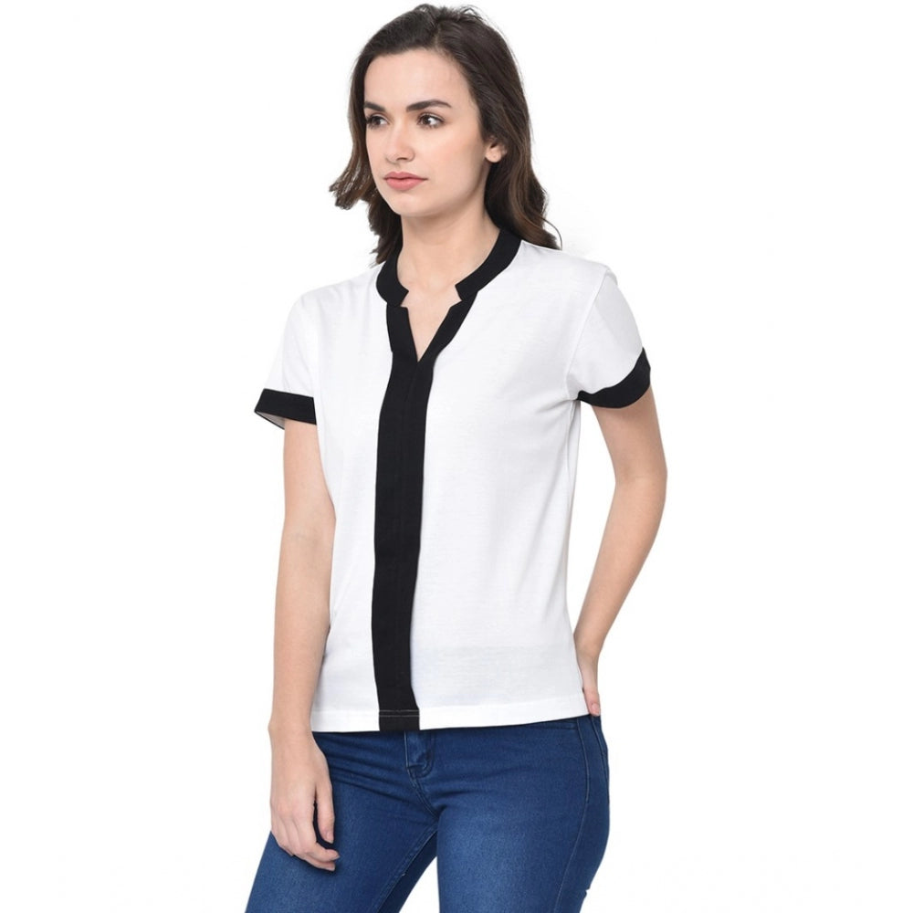 Generic Women's Cotton Blend Solid Regular Sleeves V-Neck Regular Top (White)