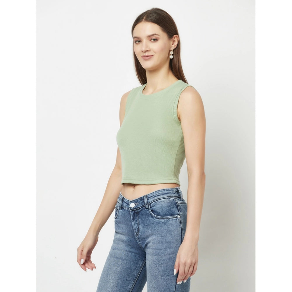 Generic Women's Cotton Blend Self Design Sleeveless Round Neck Crop Top (Light-Green)