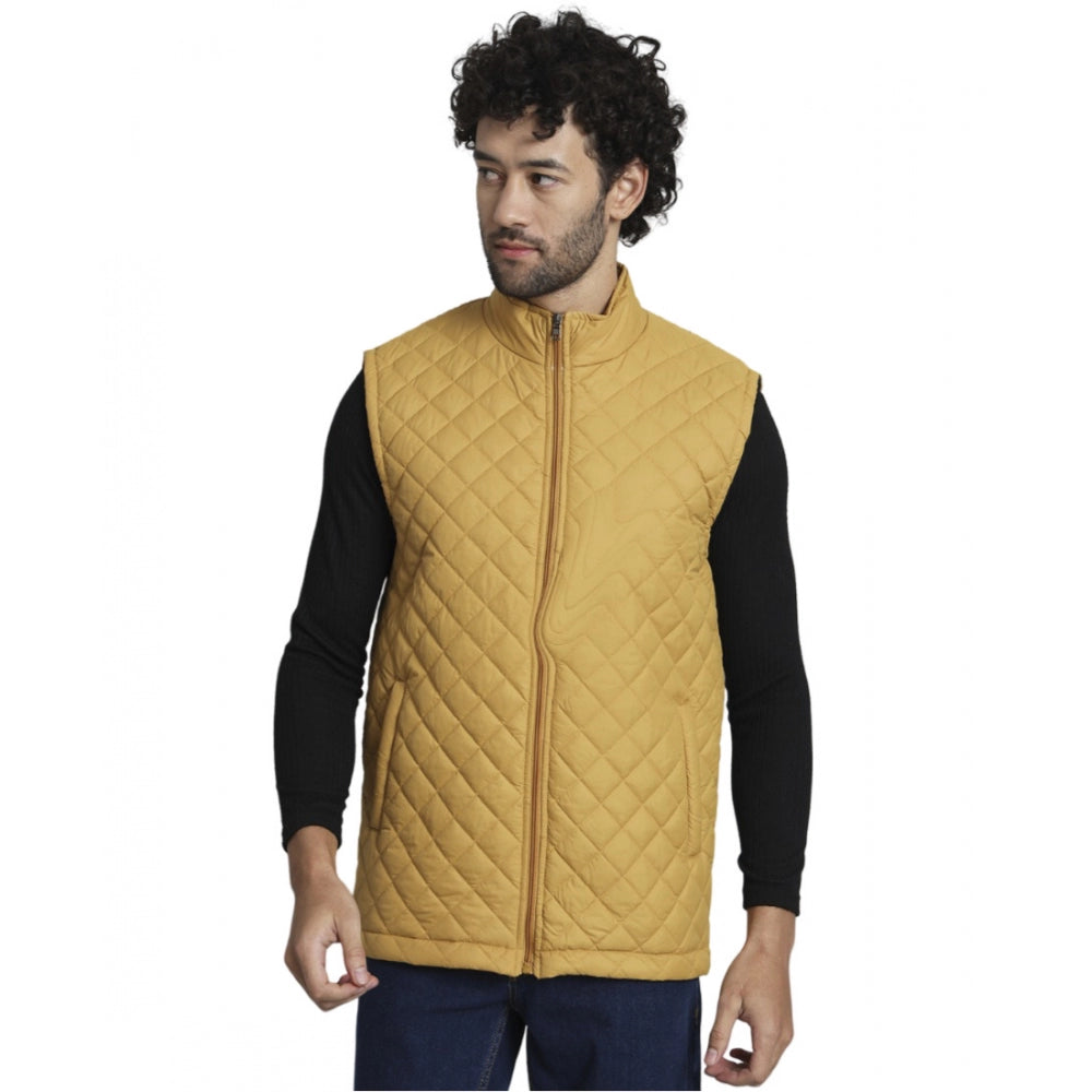 Generic Men's Solid Polyester Sleeveless Bomber Jacket (Yellow)