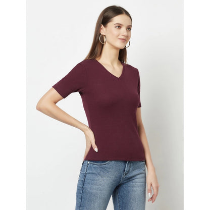 Generic Women's Cotton Blend Solid Regular Sleeves V-Neck Regular Top (Maroon)