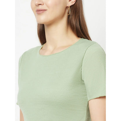 Generic Women's Cotton Blend Solid Regular Sleeves Round Neck Regular Top (Light-Green)