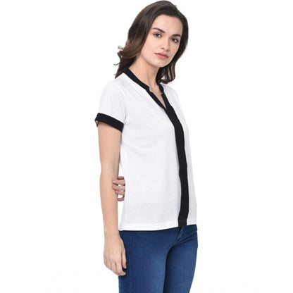 Generic Women's Cotton Blend Solid Regular Sleeves V-Neck Regular Top (White)