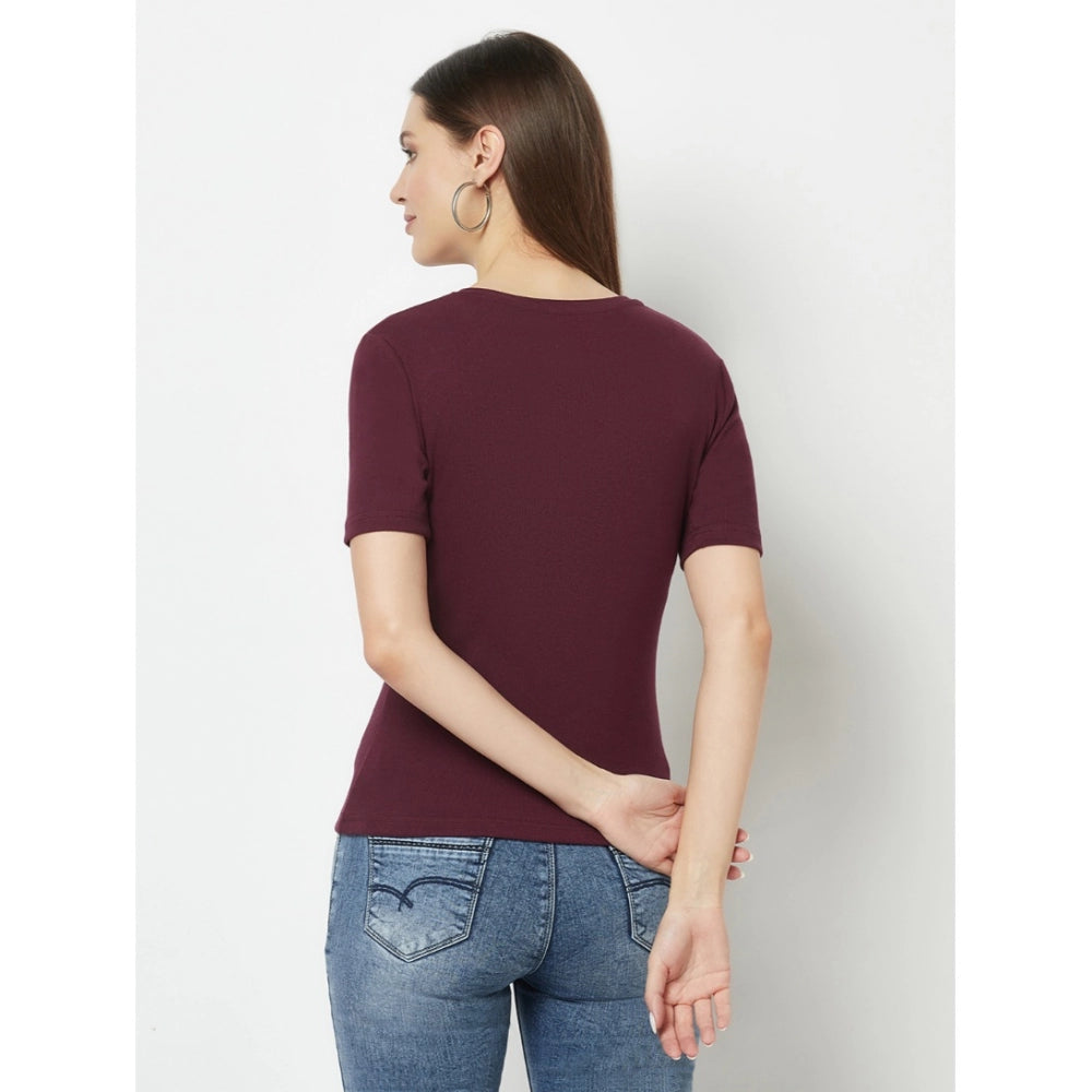 Generic Women's Cotton Blend Solid Regular Sleeves V-Neck Regular Top (Maroon)