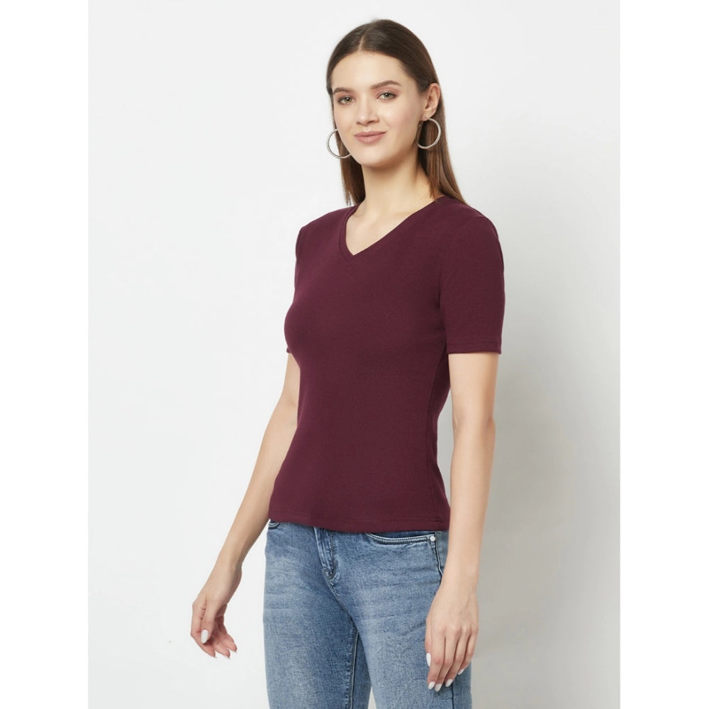 Generic Women's Cotton Blend Solid Regular Sleeves V-Neck Regular Top (Maroon)