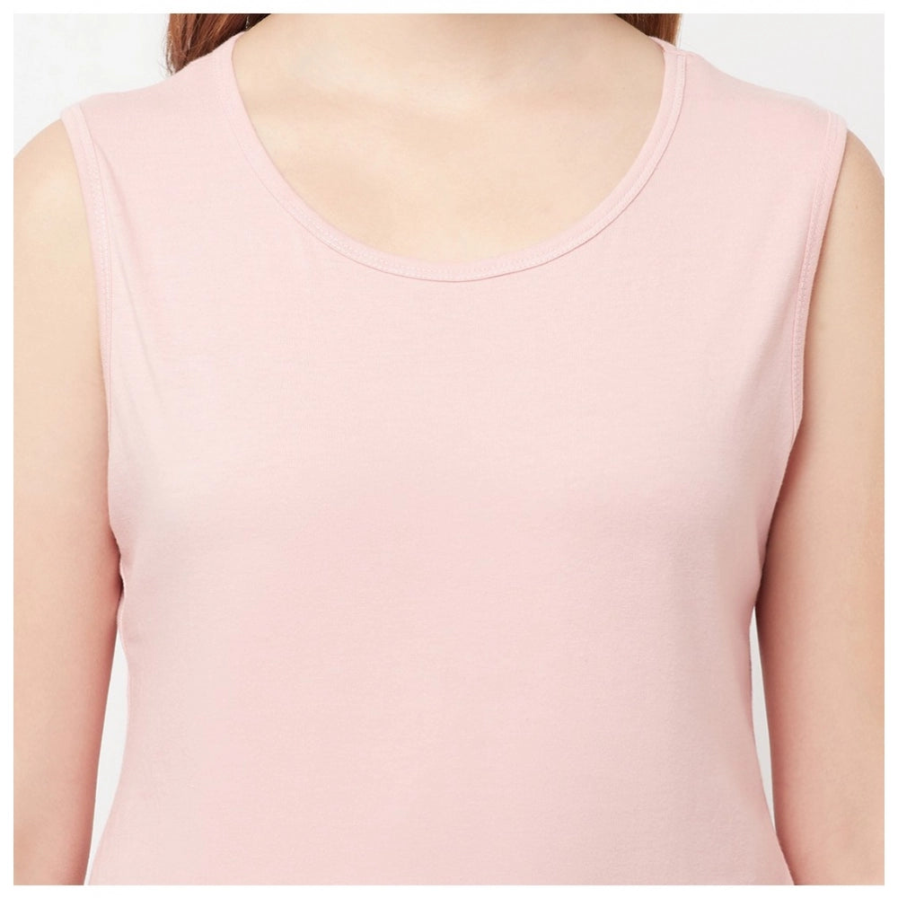 Generic Women's Cotton Blend Solid Sleeveless Round Neck Regular Top (Pink)