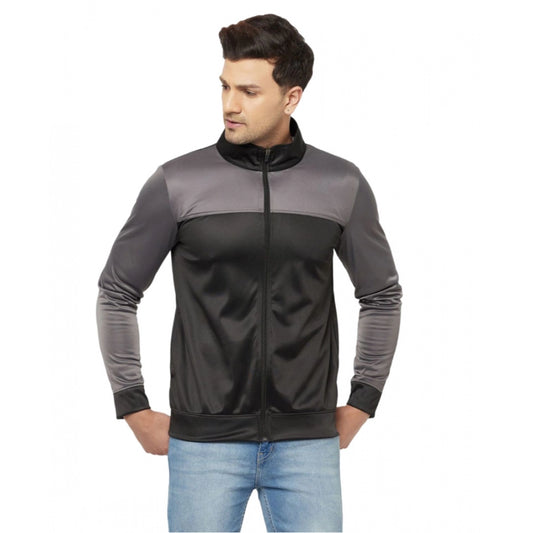 Generic Men's Solid Lycra Blend Full Sleeve Casual Jacket (Black-Grey)