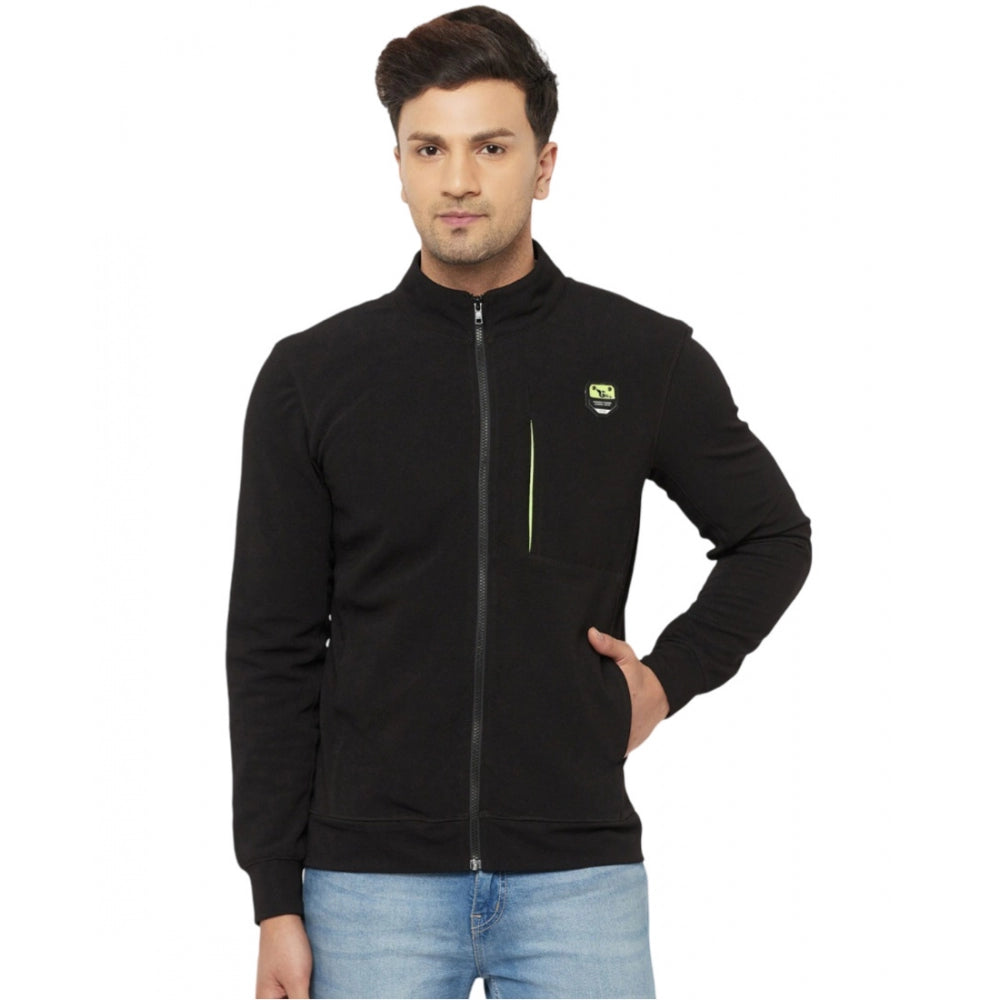 Generic Men's Solid Lycra Blend Full Sleeve Casual Jacket (Black)