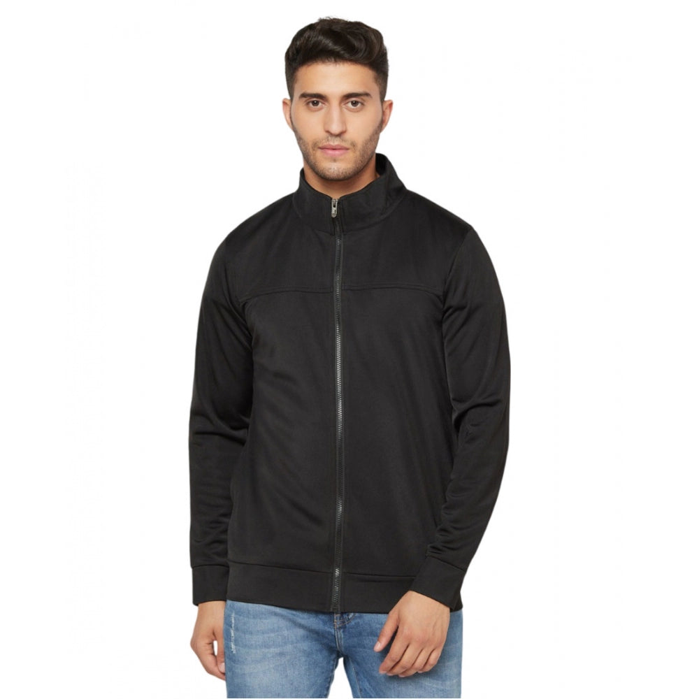 Generic Men's Solid Lycra Blend Full Sleeve Casual Jacket (Black)