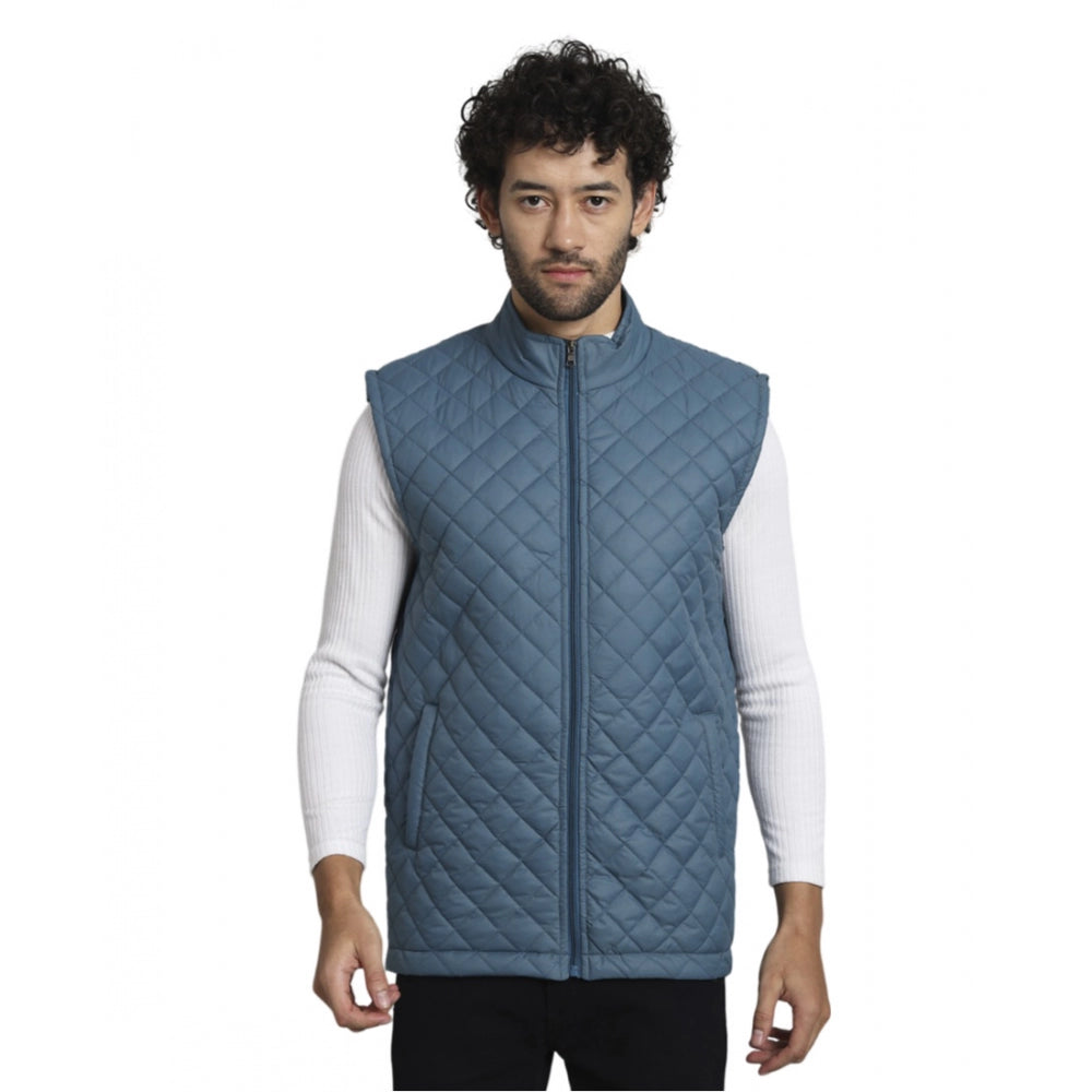 Generic Men's Solid Polyester Sleeveless Bomber Jacket (Blue)