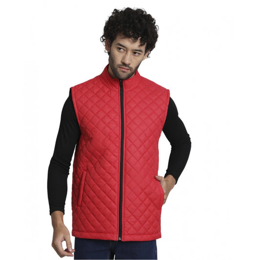 Generic Men's Solid Polyester Sleeveless Bomber Jacket (Red)