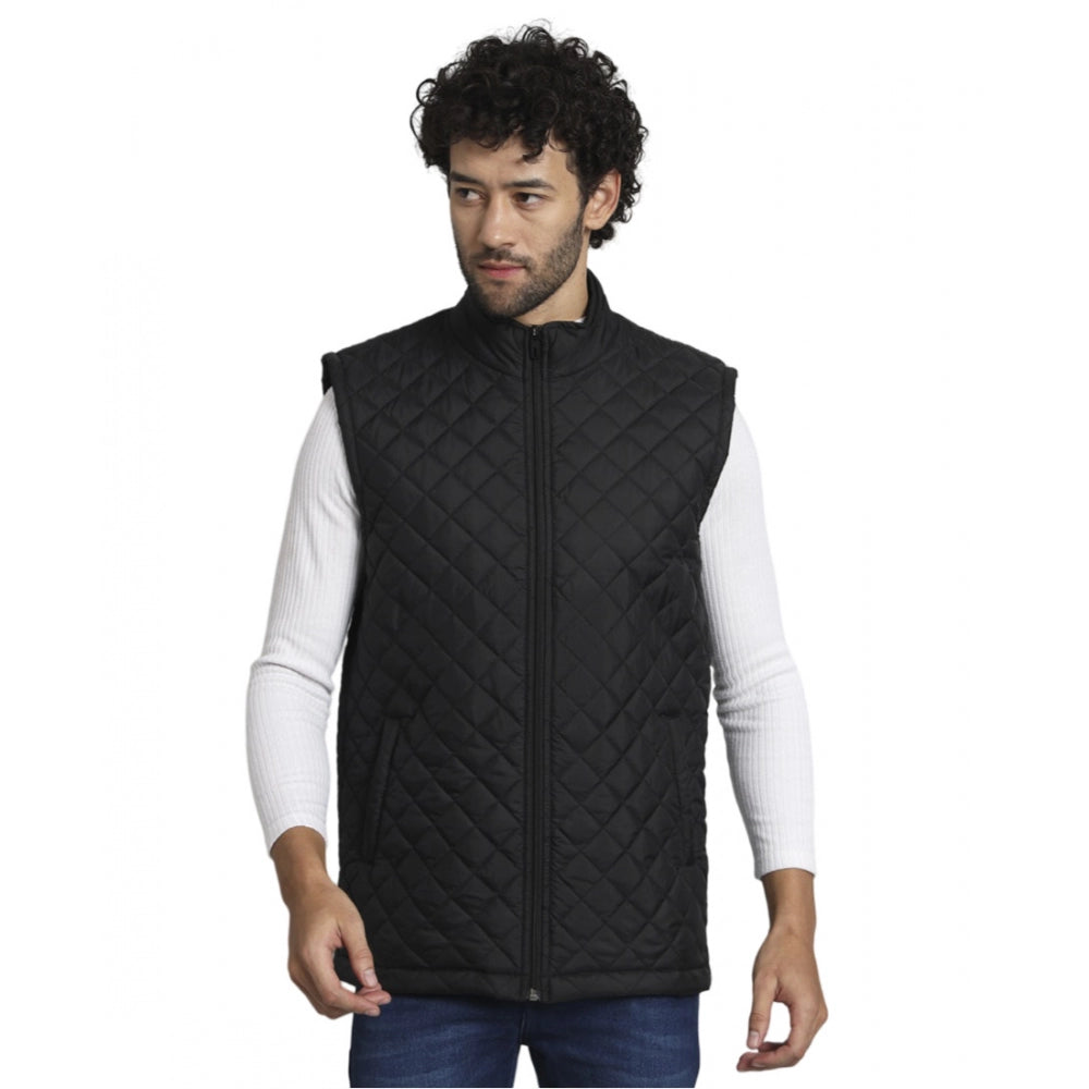 Generic Men's Solid Polyester Sleeveless Bomber Jacket (Black)