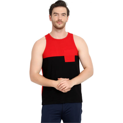 Generic Men's Casual Cotton Blended Colorblock Sleeveless Vest (Red-Black)