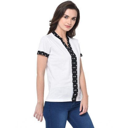 Generic Women's Cotton Blend Solid Regular Sleeves V-Neck Regular Top (White)