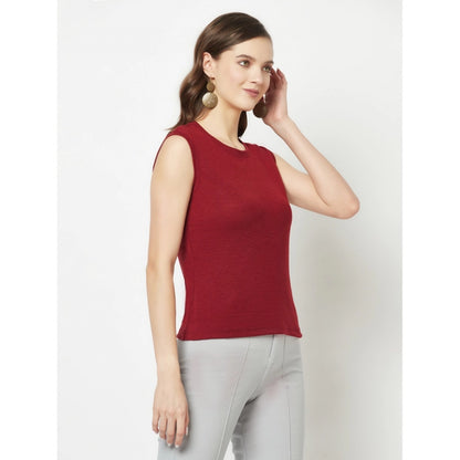 Generic Women's Cotton Blend Solid Sleeveless Round Neck Regular Top (Maroon)