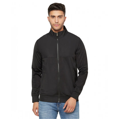 Generic Men's Solid Lycra Blend Full Sleeve Casual Jacket (Black)