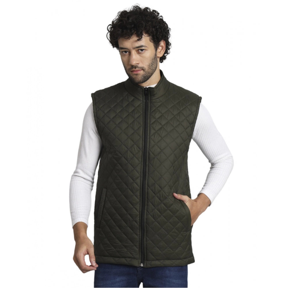 Generic Men's Solid Polyester Sleeveless Bomber Jacket (Dark-Green)