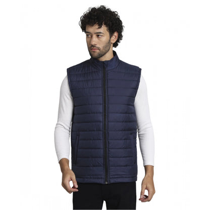 Generic Men's Solid Polyester Sleeveless Bomber Jacket (Blue)