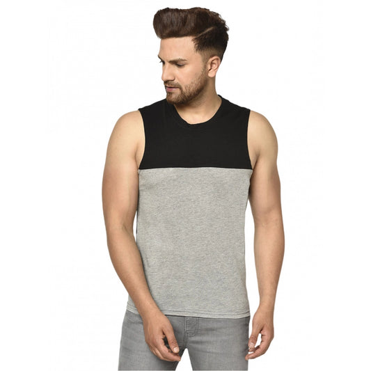 Generic Men's Casual Cotton Blended Colorblock Sleeveless Vest (Black-Grey)