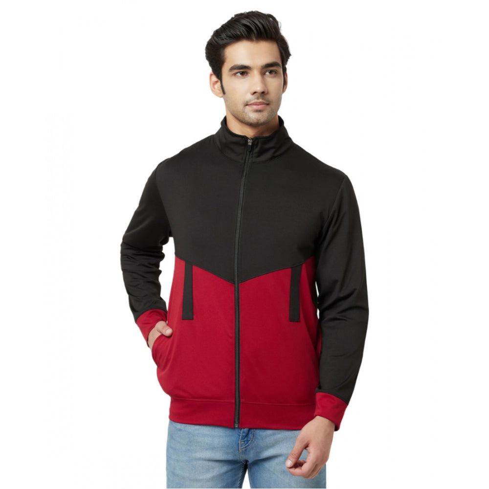 Generic Men's Solid Polyester Full Sleeve Casual Jacket (Black-Maroon)