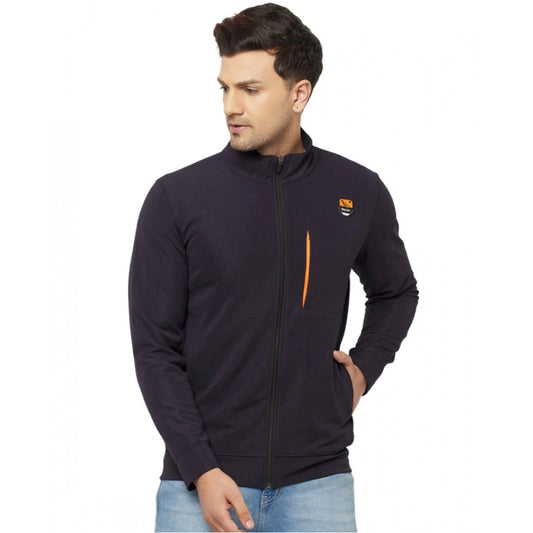 Generic Men's Solid Lycra Blend Full Sleeve Casual Jacket (Navy-Blue)