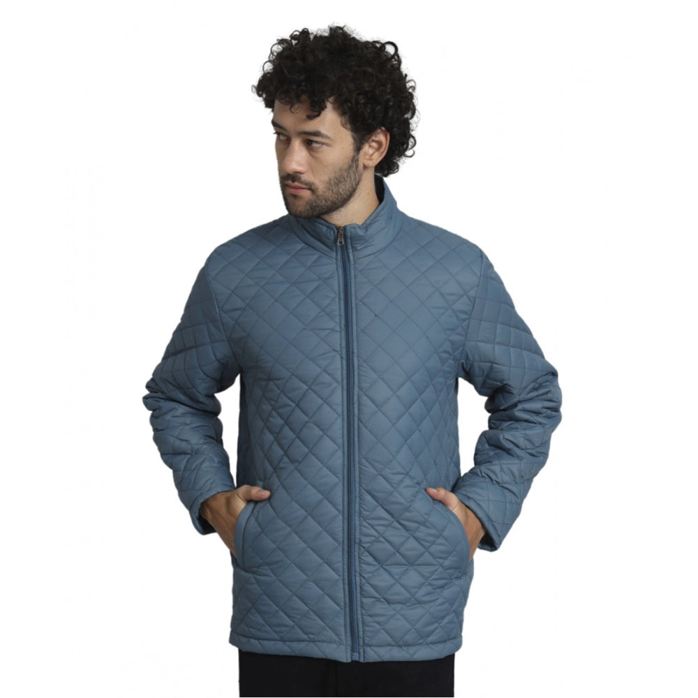 Generic Men's Solid Polyester Full Sleeve Bomber Jacket (Blue)