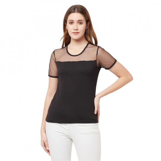 Generic Women's Cotton Blend Solid Regular Sleeves Round Neck Regular Top (Black)