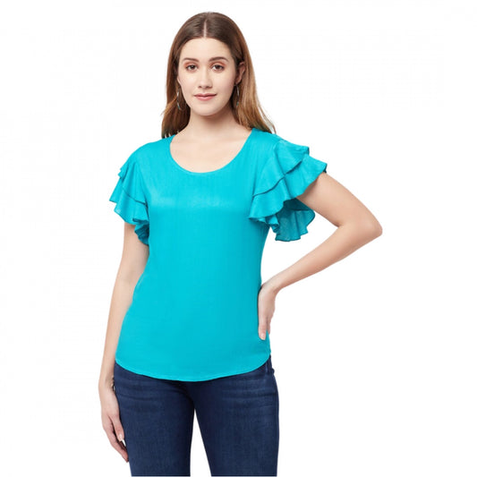 Generic Women's Cotton Blend Solid Bell Sleeves Round Neck Regular Top (Light-Green)