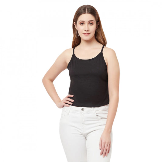 Generic Women's Cotton Blend Solid Noodle Straps Round Neck Regular Top (Black)