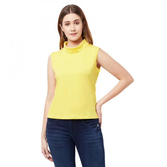 Generic Women's Cotton Blend Solid Sleeveless High Neck Regular Top (Yellow)