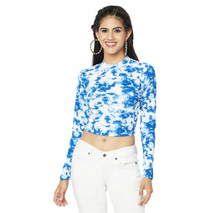 Generic Women's Polyester Self Design Regular Sleeves Round Neck Crop Top (White-Blue)