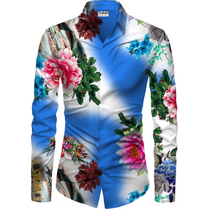 Generic Men's Casual Floral Printed Cotton Blend Unstitched Shirt Fabric 1.6 Mtrs (Blue)