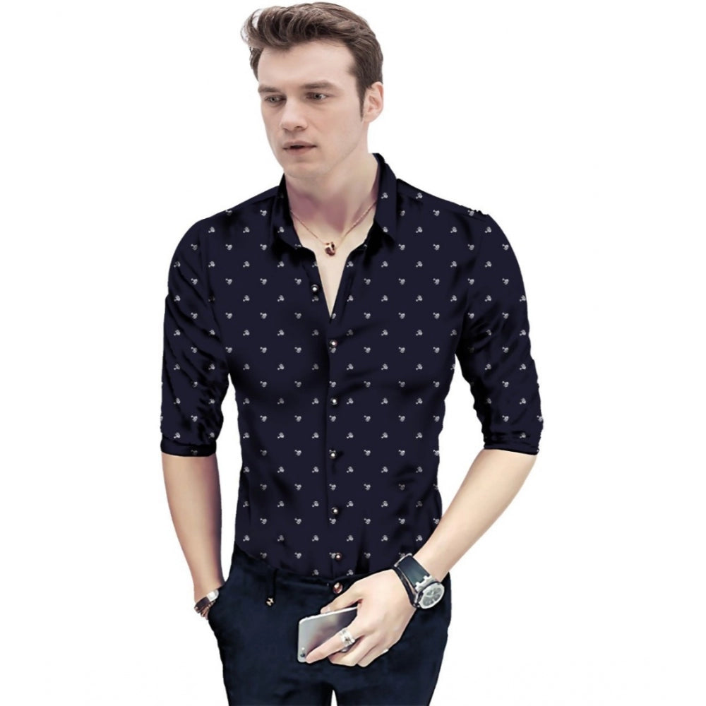 Generic Men's Casual Floral Printed Cotton Blend Unstitched Shirt Fabric 1.6 Mtrs (Dark Blue)