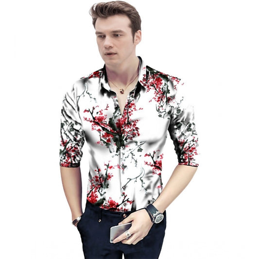 Generic Men's Casual Floral Printed Cotton Blend Unstitched Shirt Fabric 1.6 Mtrs (Red-White)