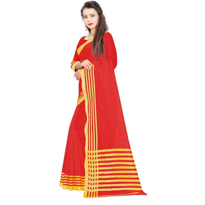 Generic Women's Jacquard Striped Saree With Unstitched Blouse 5.5Mtr (Red)