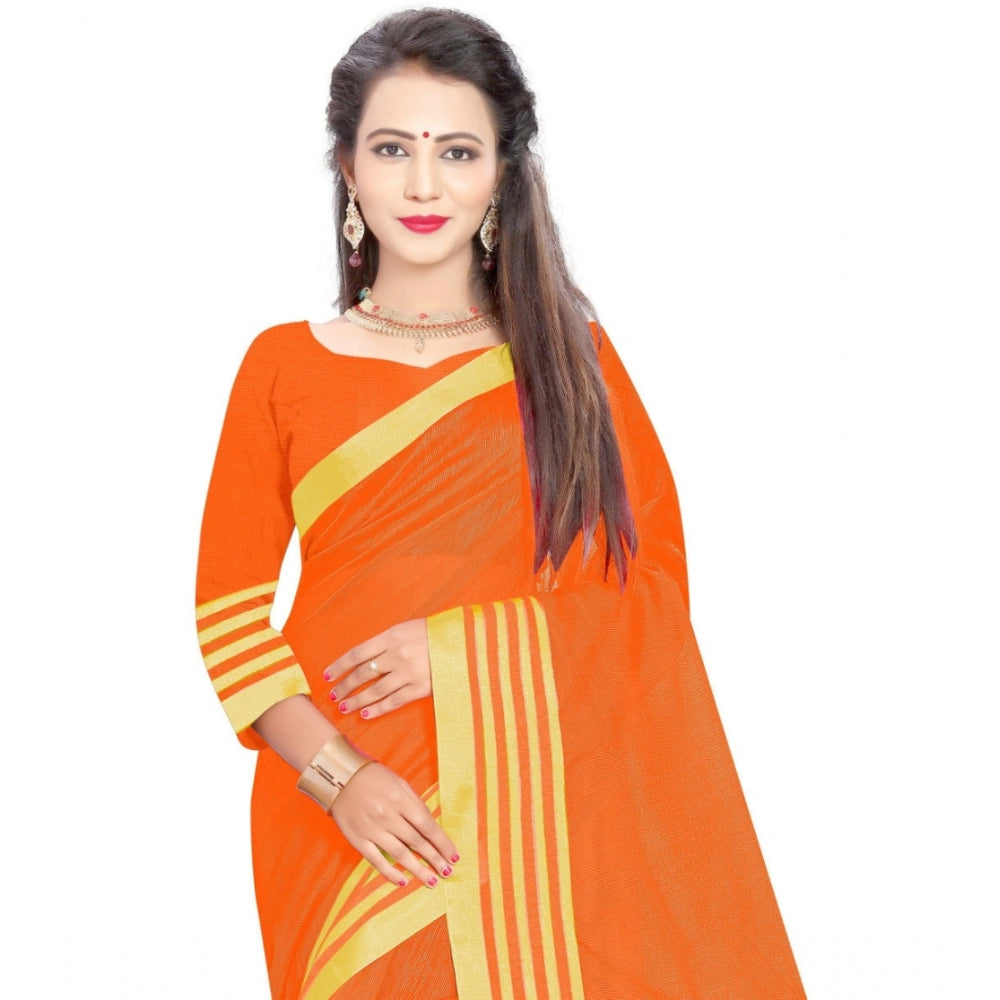 Generic Women's Jacquard Striped Saree With Unstitched Blouse 5.5Mtr (Orange)