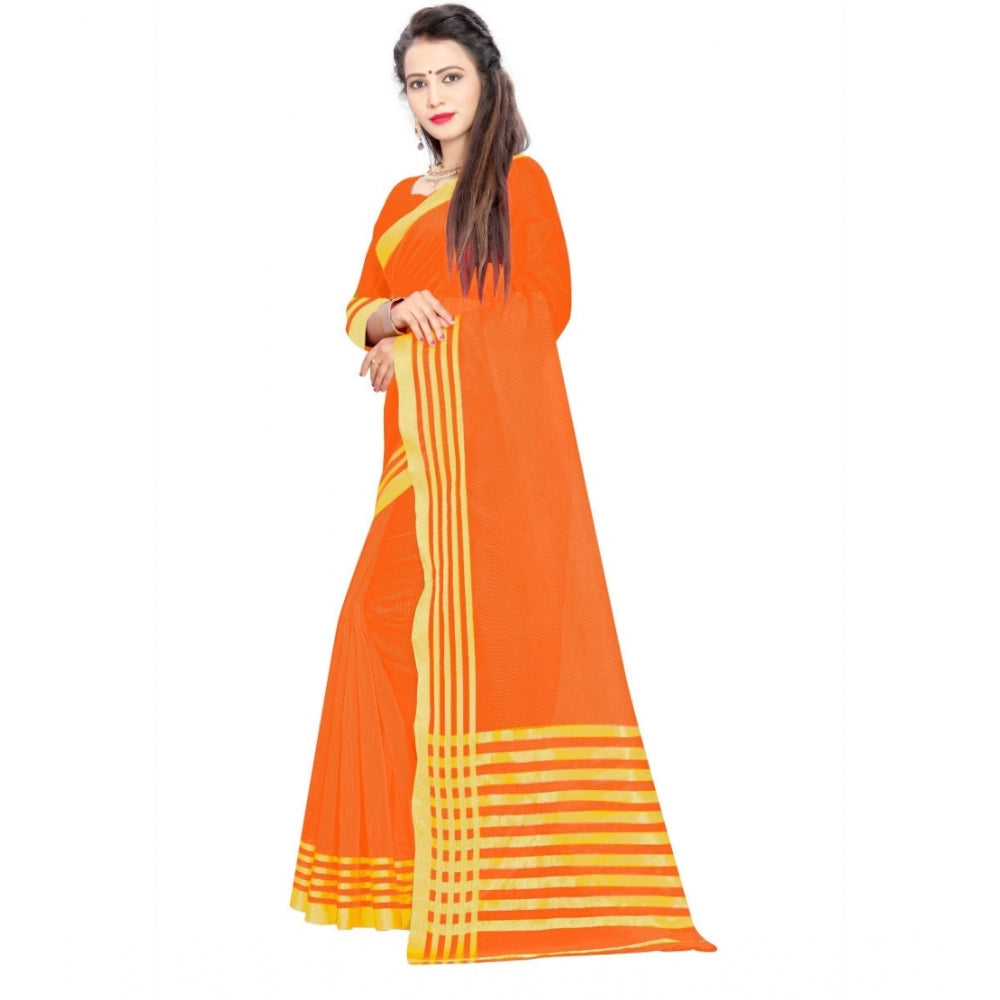 Generic Women's Jacquard Striped Saree With Unstitched Blouse 5.5Mtr (Orange)