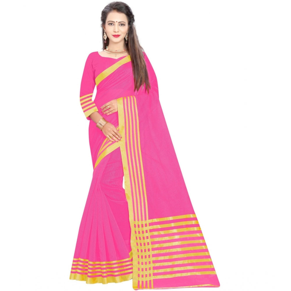 Generic Women's Jacquard Striped Saree With Unstitched Blouse 5.5Mtr (Pink)