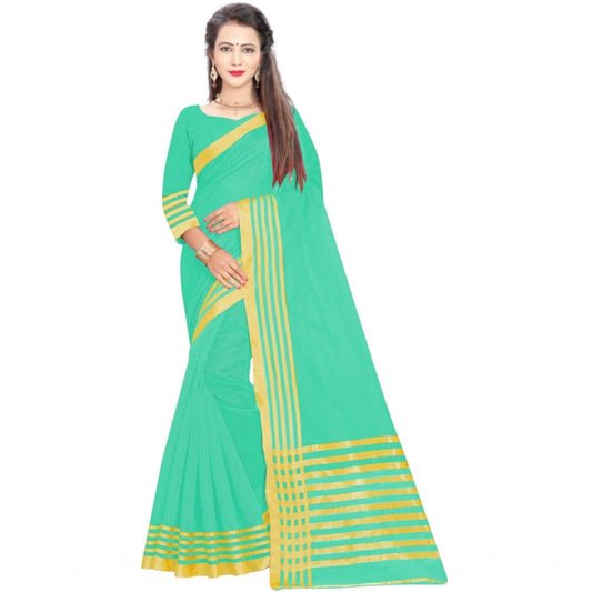 Generic Women's Jacquard Striped Saree With Unstitched Blouse 5.5Mtr (Green)